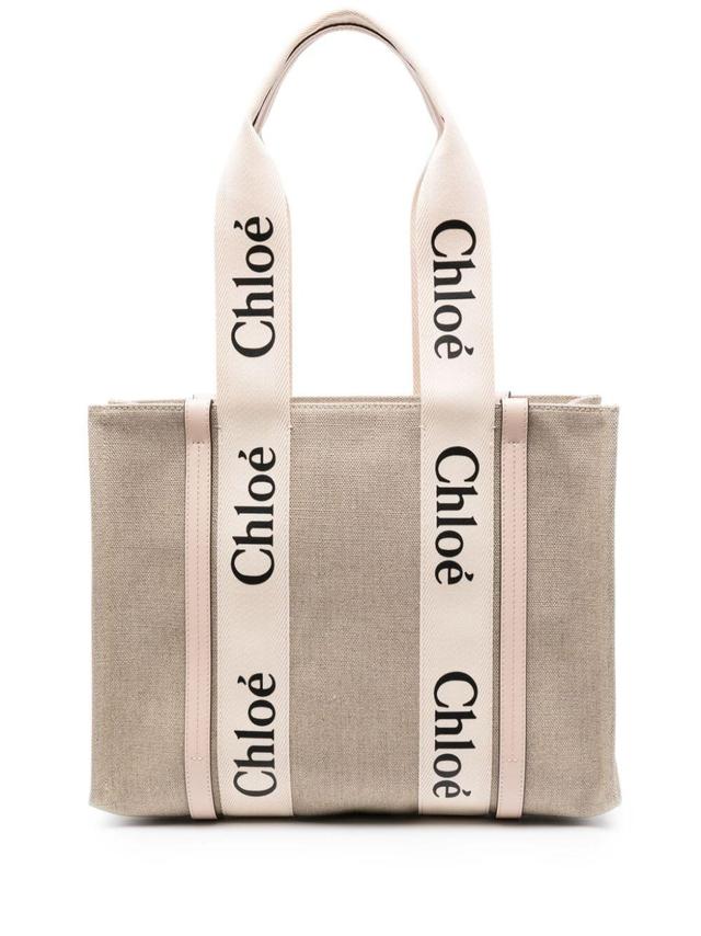 CHLOÉ Woody Medium Canvas And Leather Tote Bag In Pink Product Image