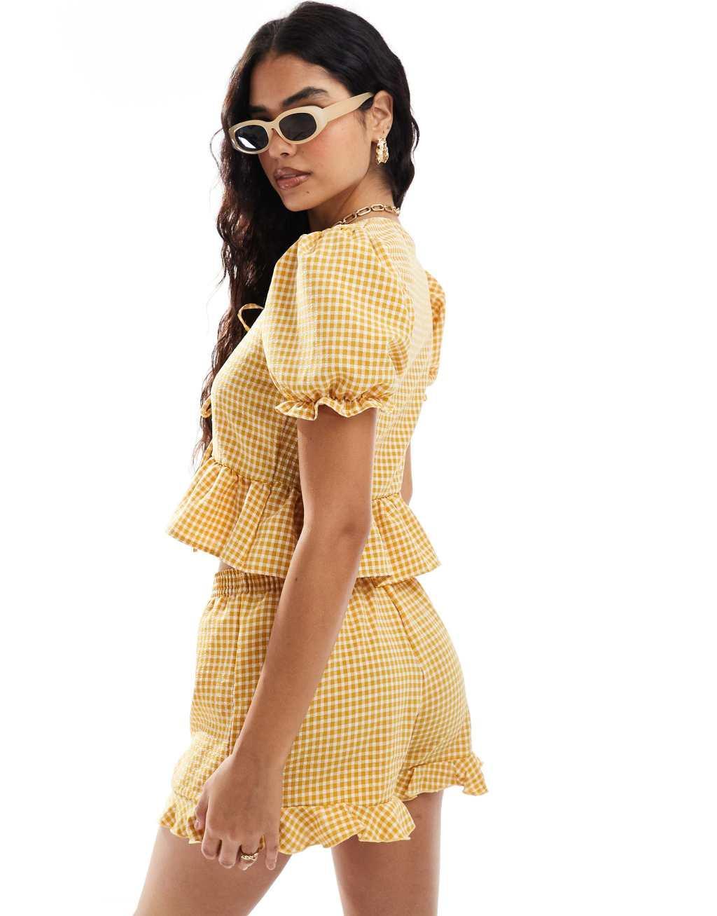 Miss Selfridge puff sleeve tie front top in yellow Product Image