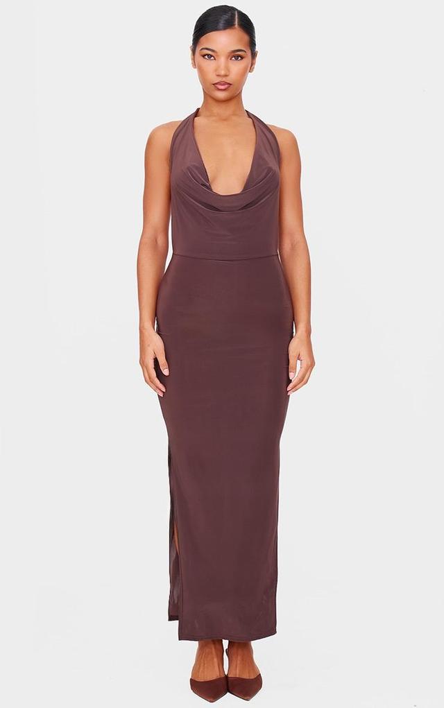 Chocolate Slinky Cowl Halterneck Maxi Dress Product Image