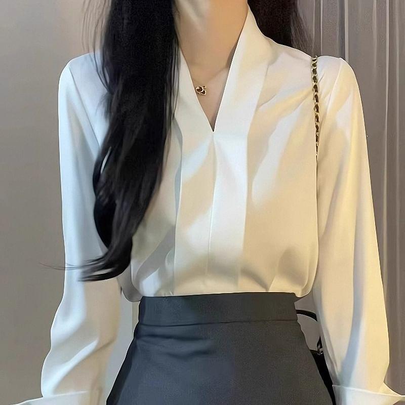 Long Sleeve V-Neck Plain Blouse Product Image