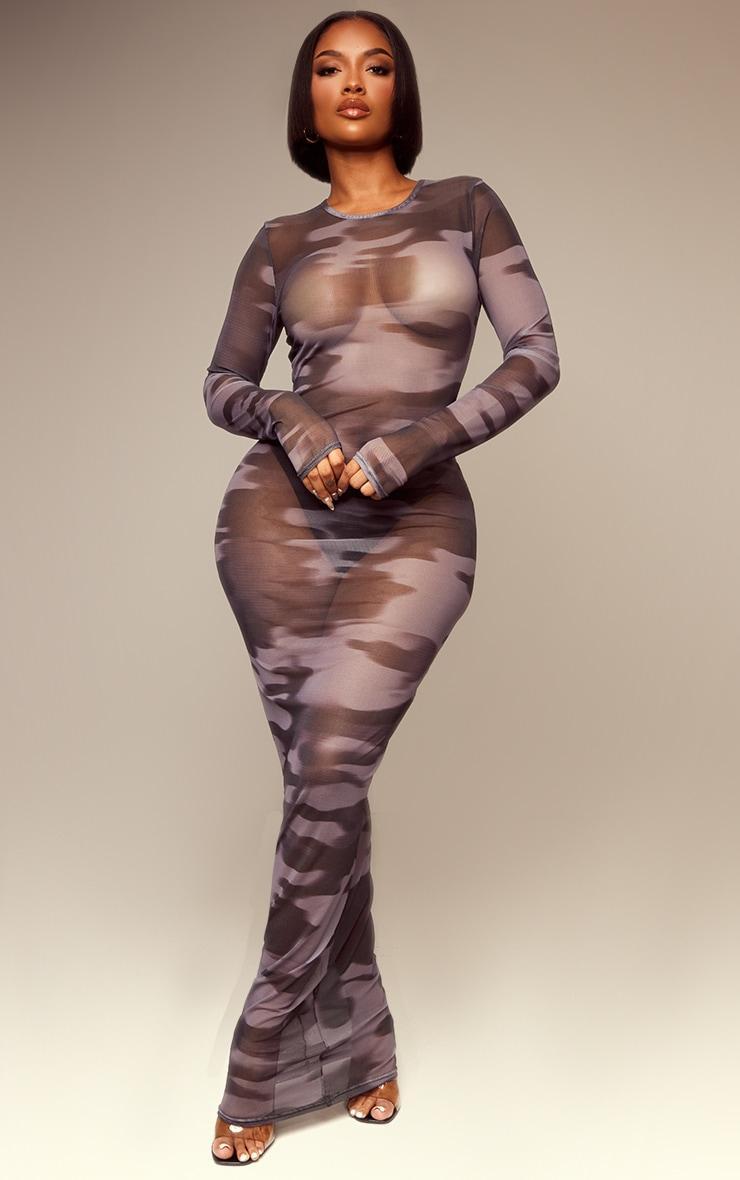 Shape Grey Camo Print Long Sleeve Maxi Dress Product Image