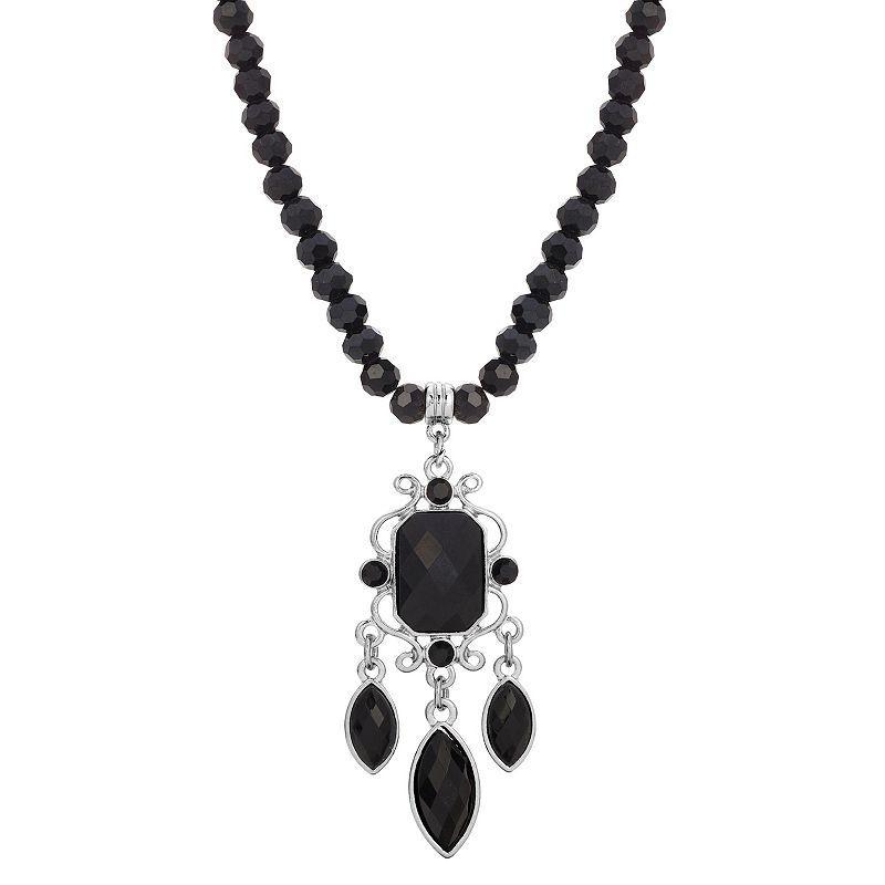 1928 Silver Tone Black Bead Chandelier Necklace, Womens Product Image