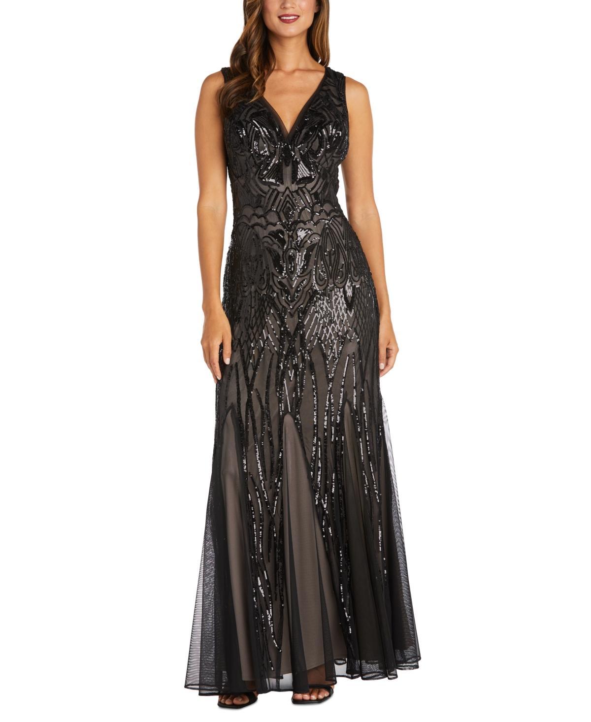 R  M Richards Sleeveless V-Neck Godet Skirt Embellished Long Sequin Dress Product Image