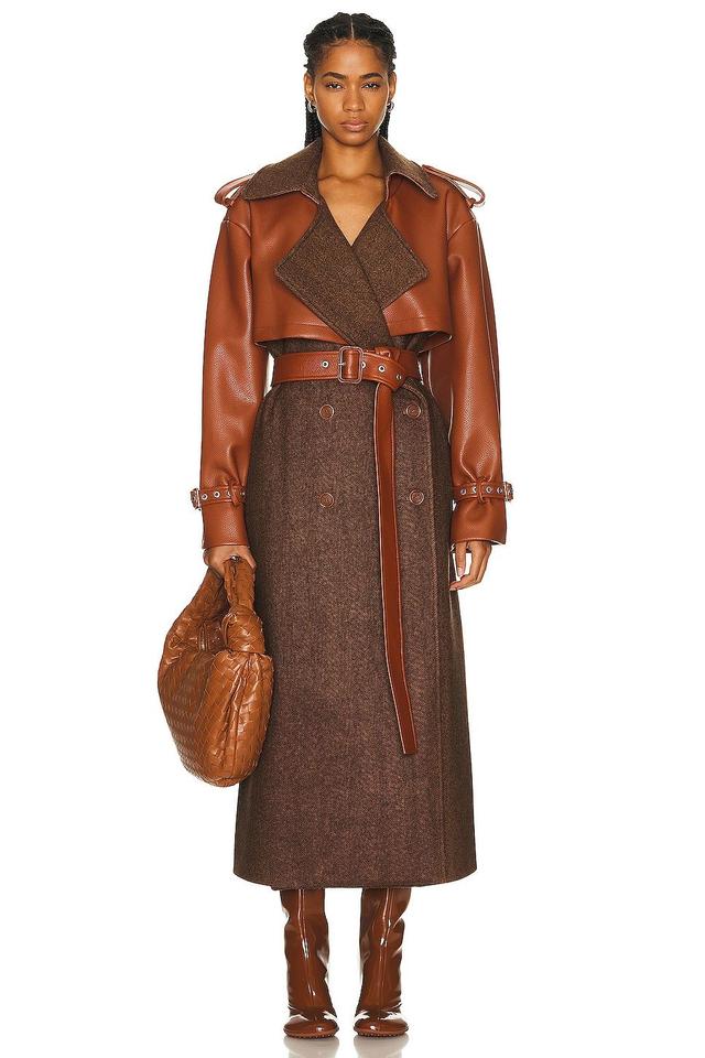 SIMKHAI Doni Faux Leather Combo Trench Coat Brown. (also in L). Product Image