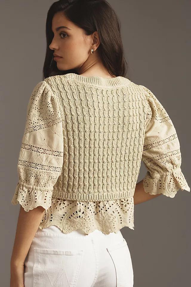 By Anthropologie Short-Sleeve Lace Peplum Sweater Product Image