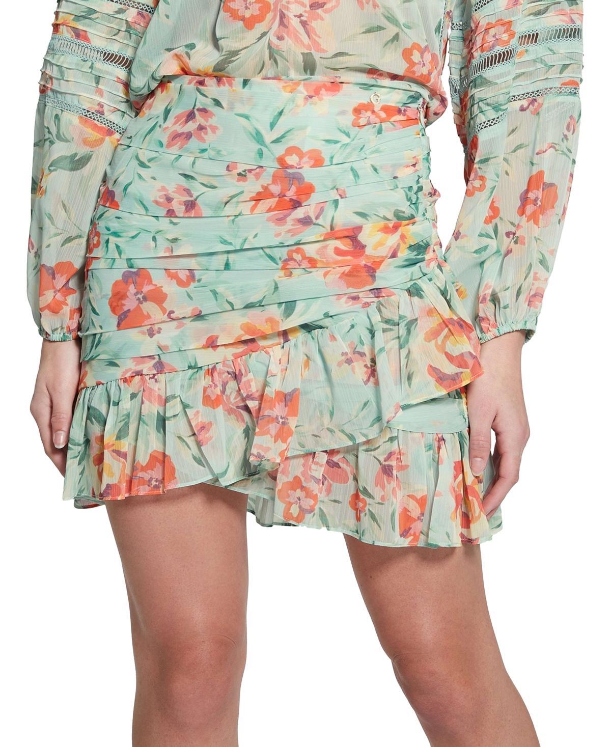 Guess Womens Vanessa Floral Ruched Ruffled Mini Skirt Product Image