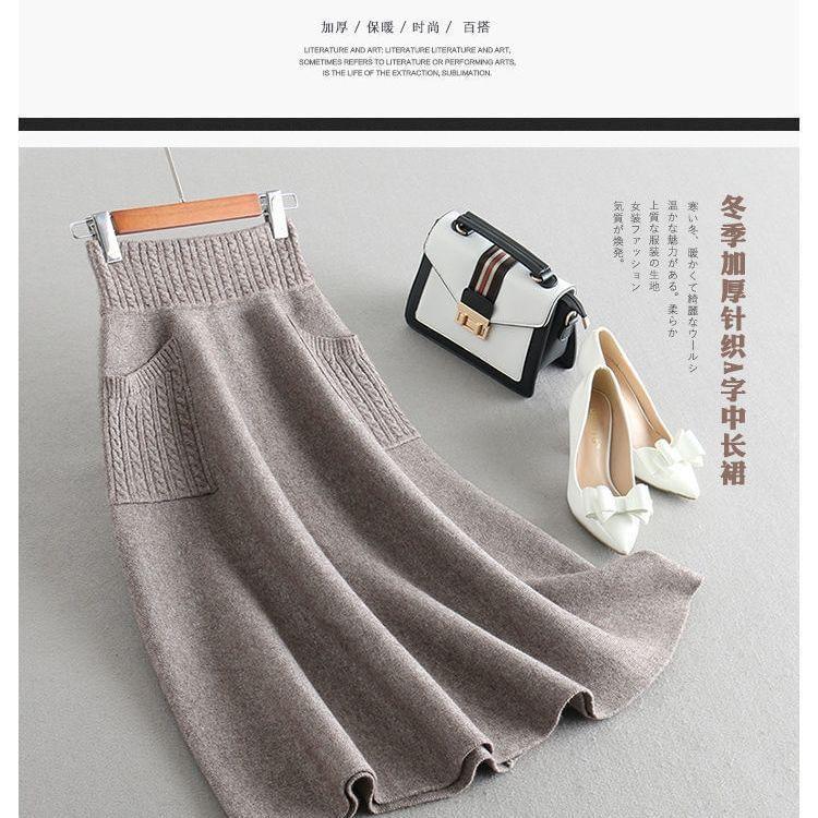 High Waist Plain Pocket Detail Knit Midi A-Line Skirt Product Image