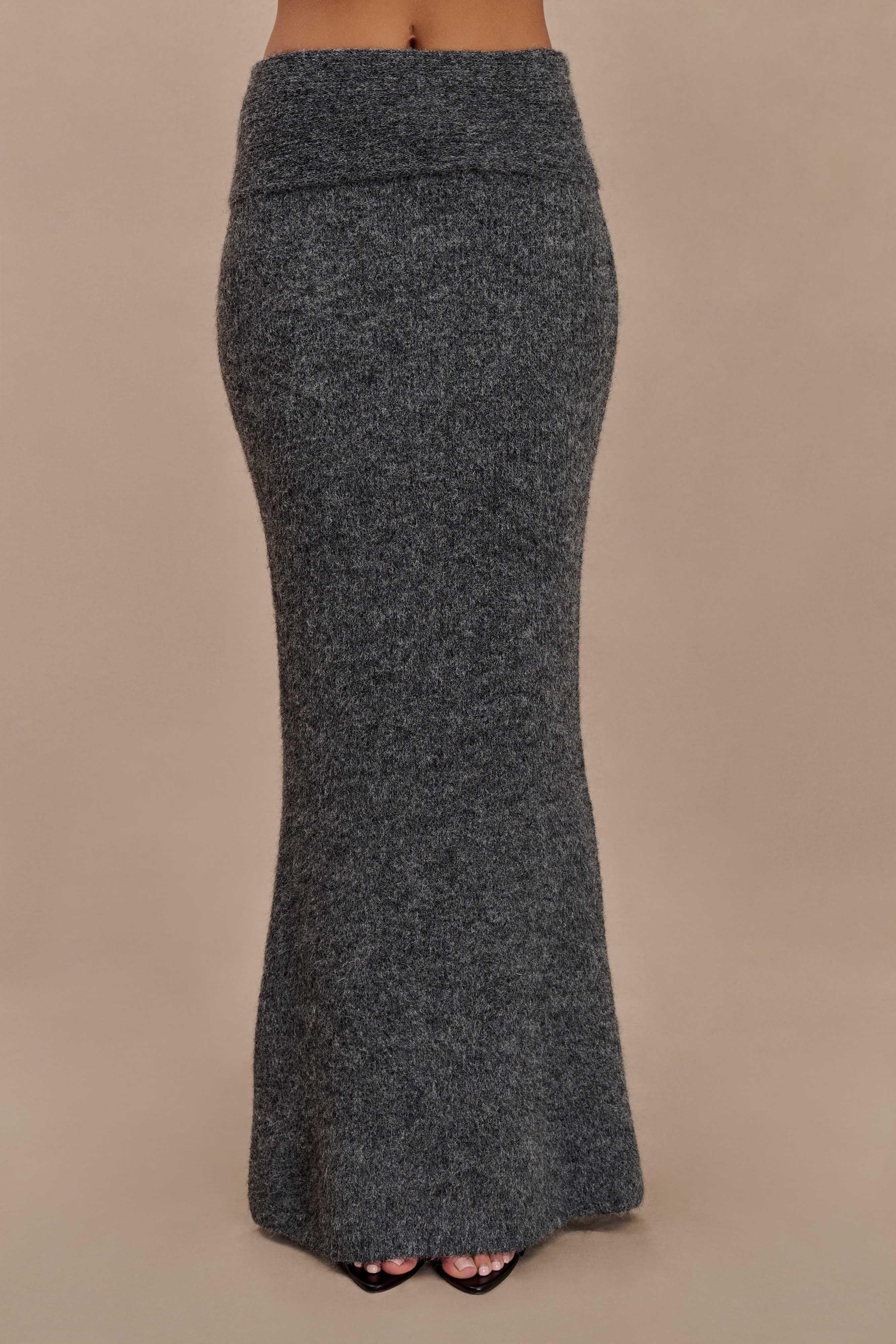 Charlotte Knit Maxi Skirt With Overlay - Charcoal Product Image