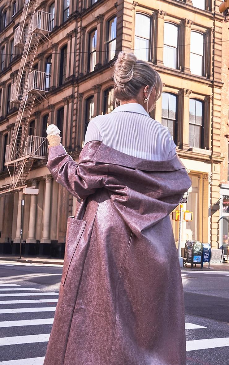 Brown Grained Faux Leather Pocket Front Maxi Coat Product Image