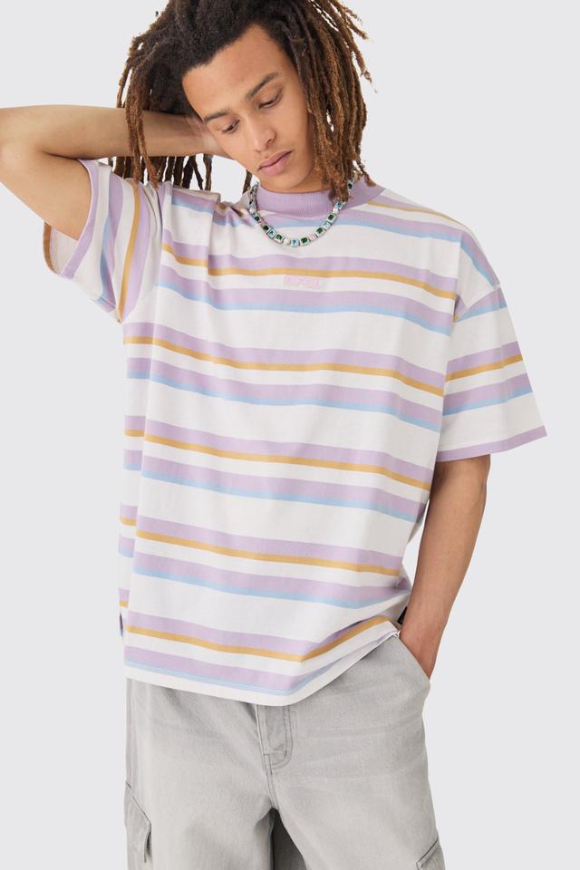 Mens Purple Oversized Carded Heavy Striped OFCL T-shirt, Purple Product Image