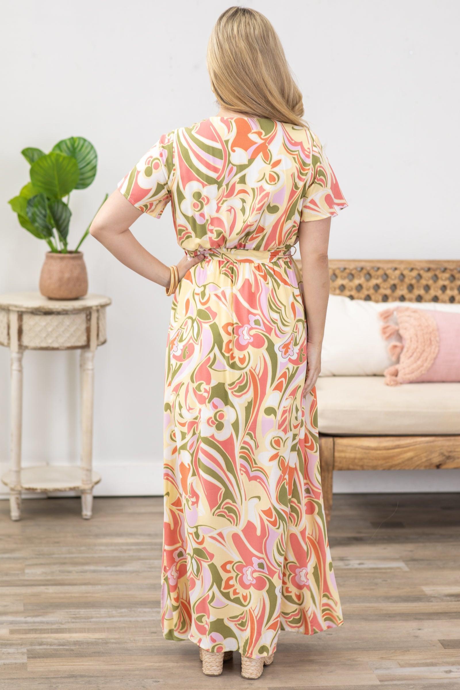 Sage and Coral Maxi Dress With Waist Tie Product Image