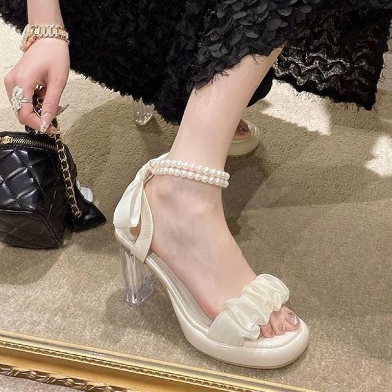 Ankle Strap Ruched Bow Faux Pearl Chunky Heel Sandals Product Image