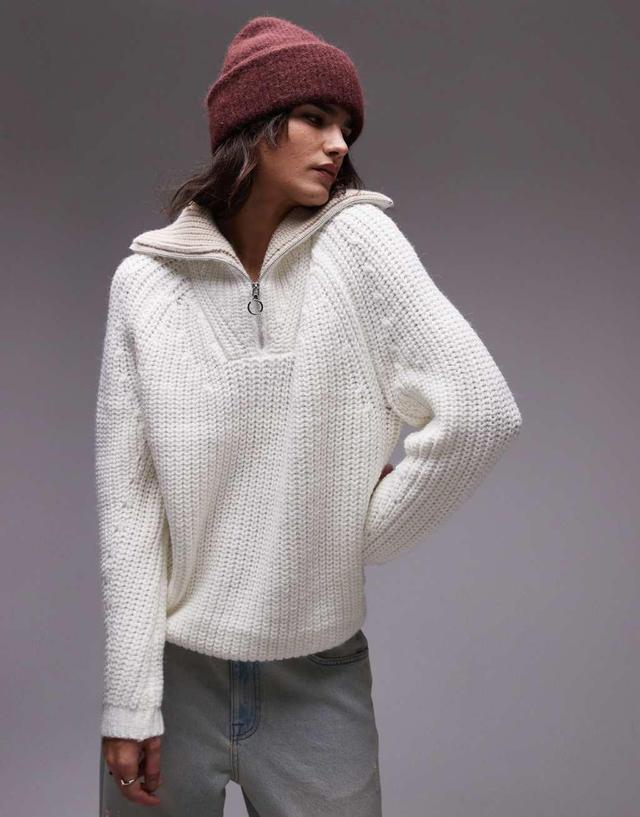 Topshop knitted quarter zip collar sweater in cream Product Image