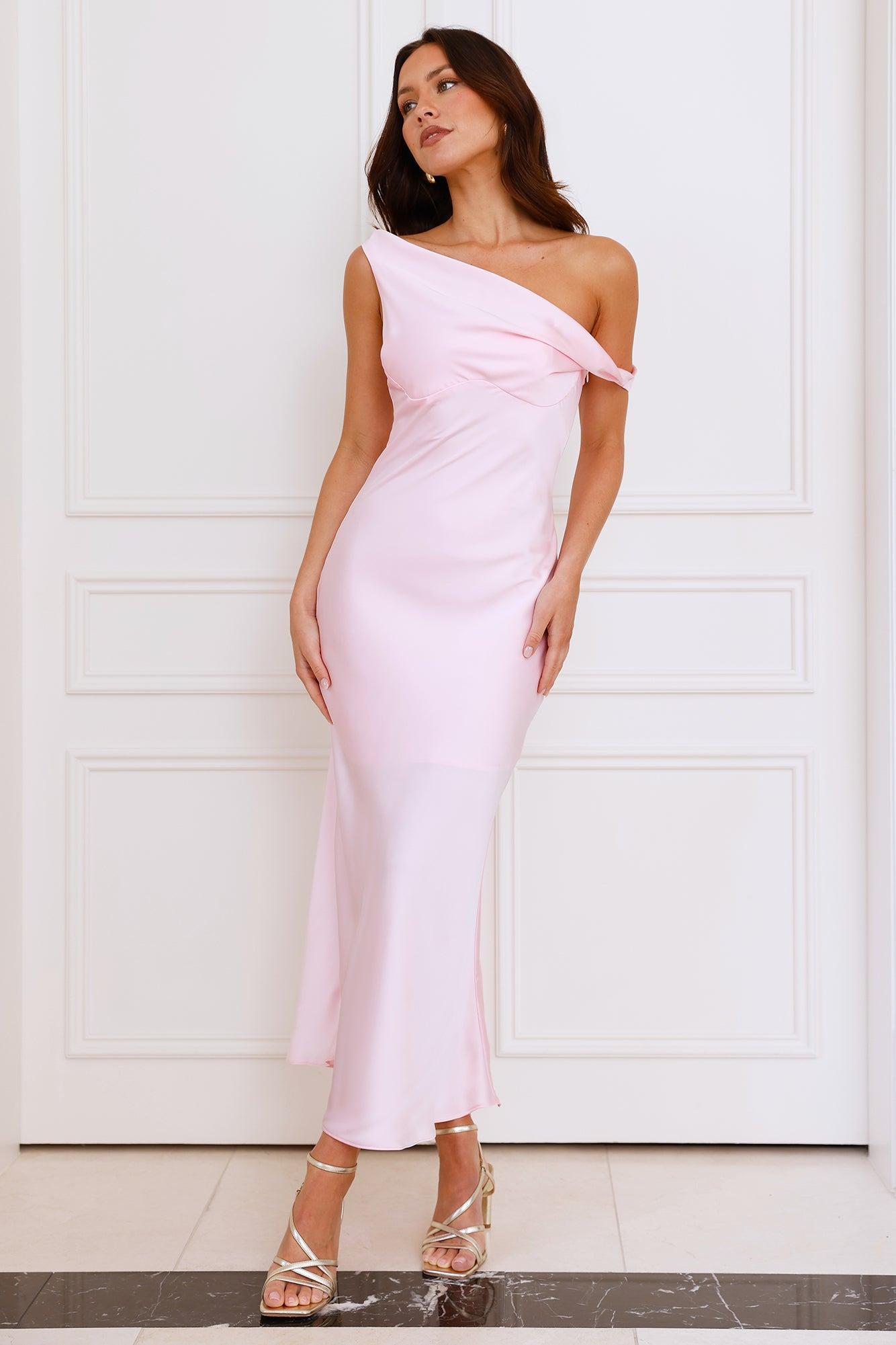 Stylish Season Off Shoulder Satin Midi Dress Pink Product Image