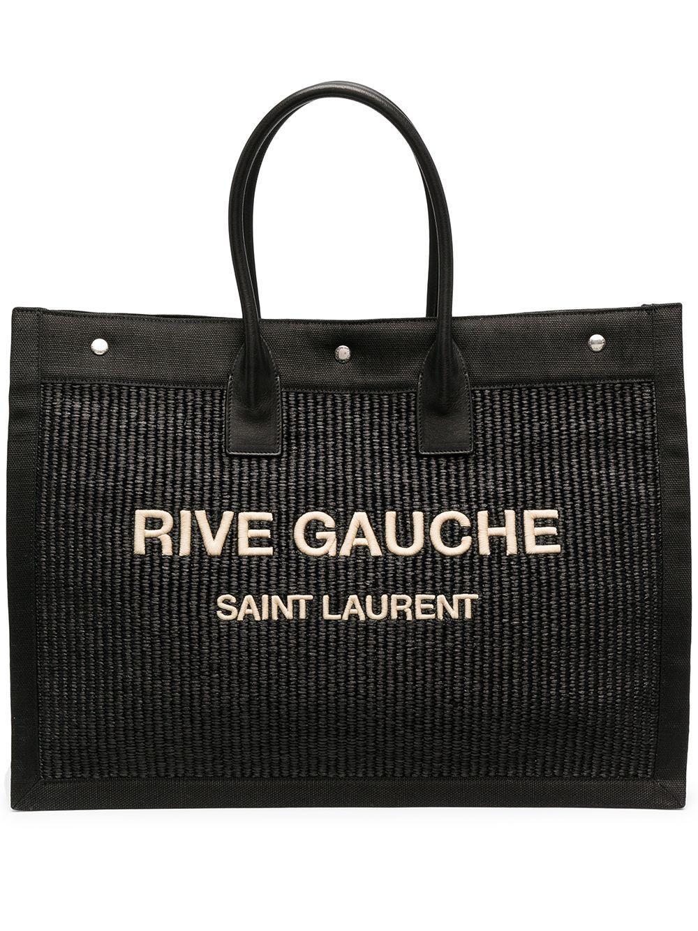 Women's Rive Gauche Small Tote Bag In Raffia And Leather In Nero Natural Beige Product Image