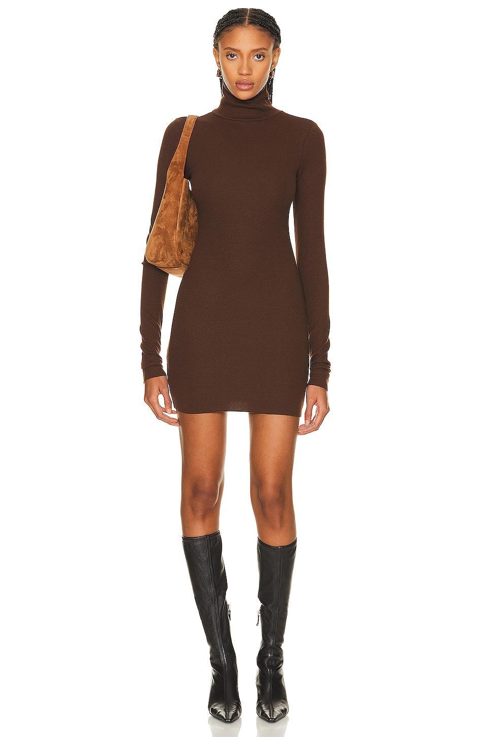 Eterne Long Sleeve Turtleneck Dress in Chocolate - Chocolate. Size XS (also in L). Product Image