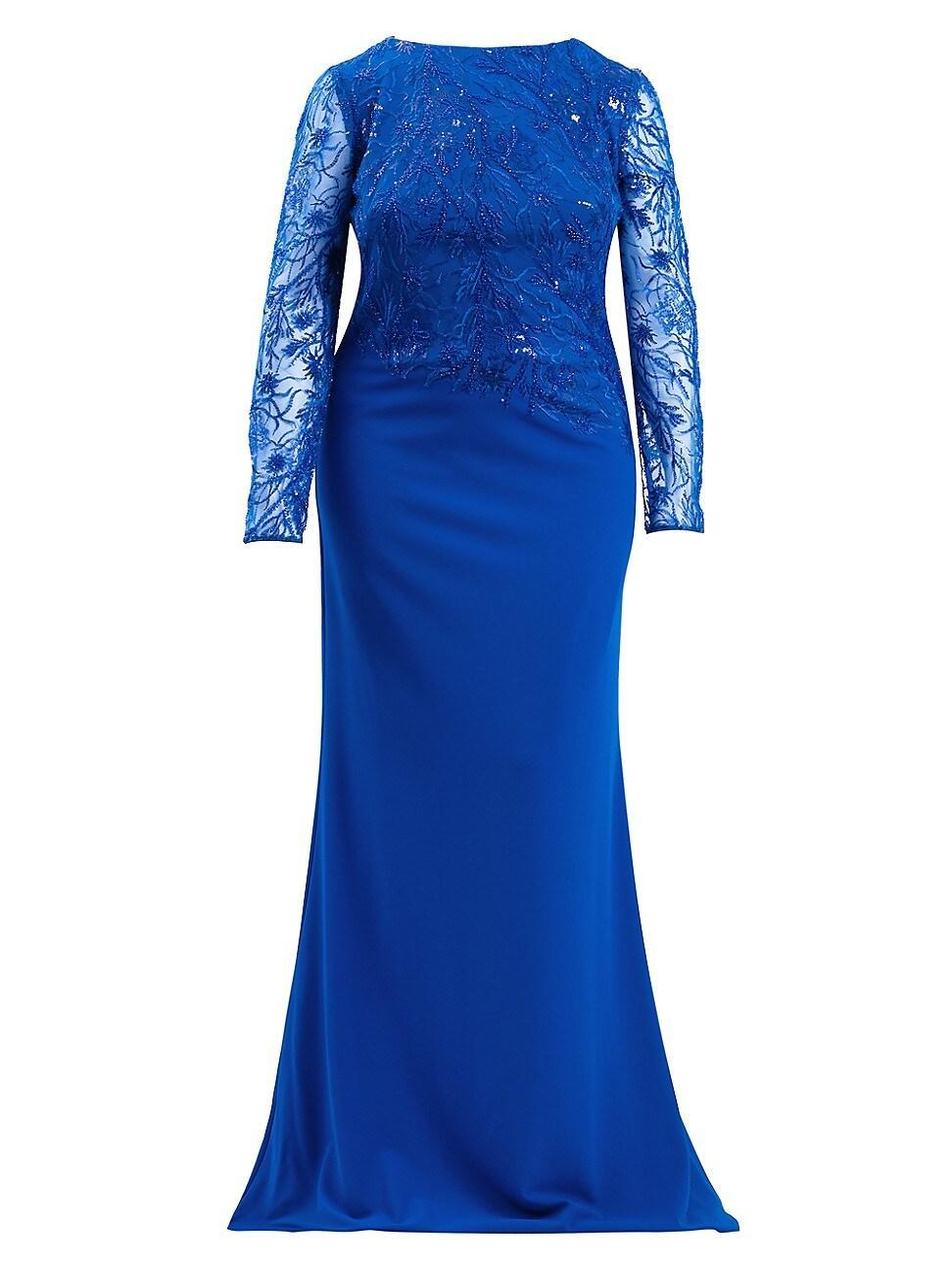 Womens Plus Asymmetric Lace Long-Sleeve Gown Product Image