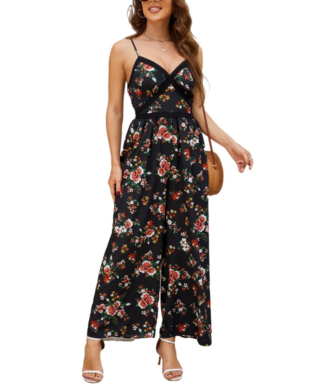 Cupshe Womens Dark Floral Sleeveless V-Neck Wide Leg Jumpsuit Product Image