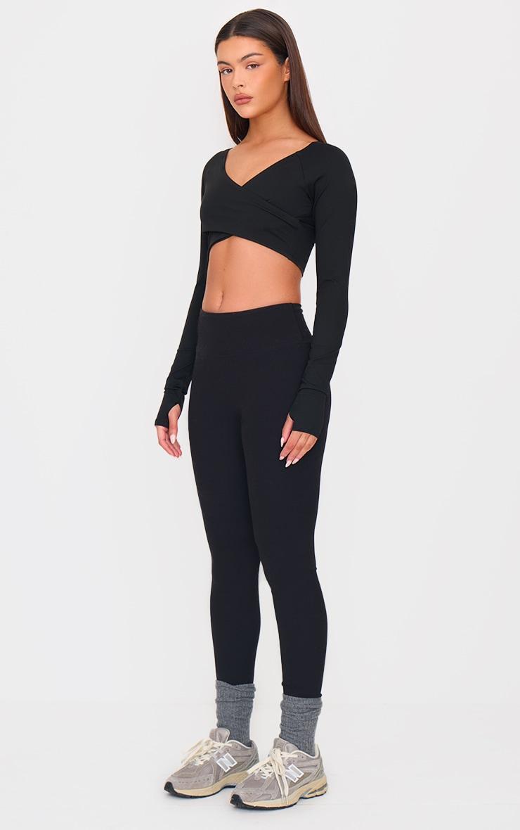 PLT SPORT Deep Black Sculpt Crossover Long Sleeve Gym Crop Top Product Image