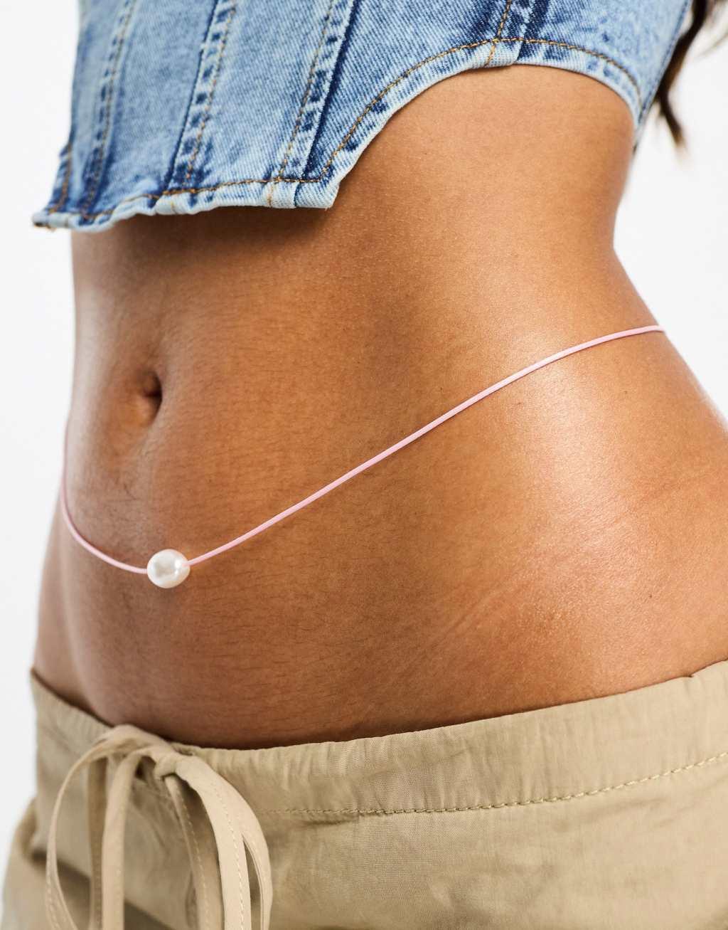 DesignB London cord and faux pearl belly chain in gold Product Image