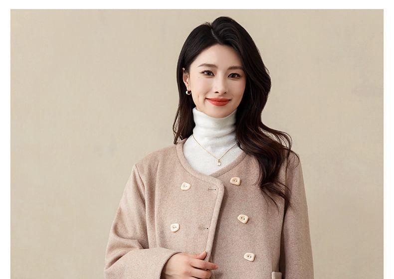 Round Neck Plain Double Breasted Short Coat Product Image