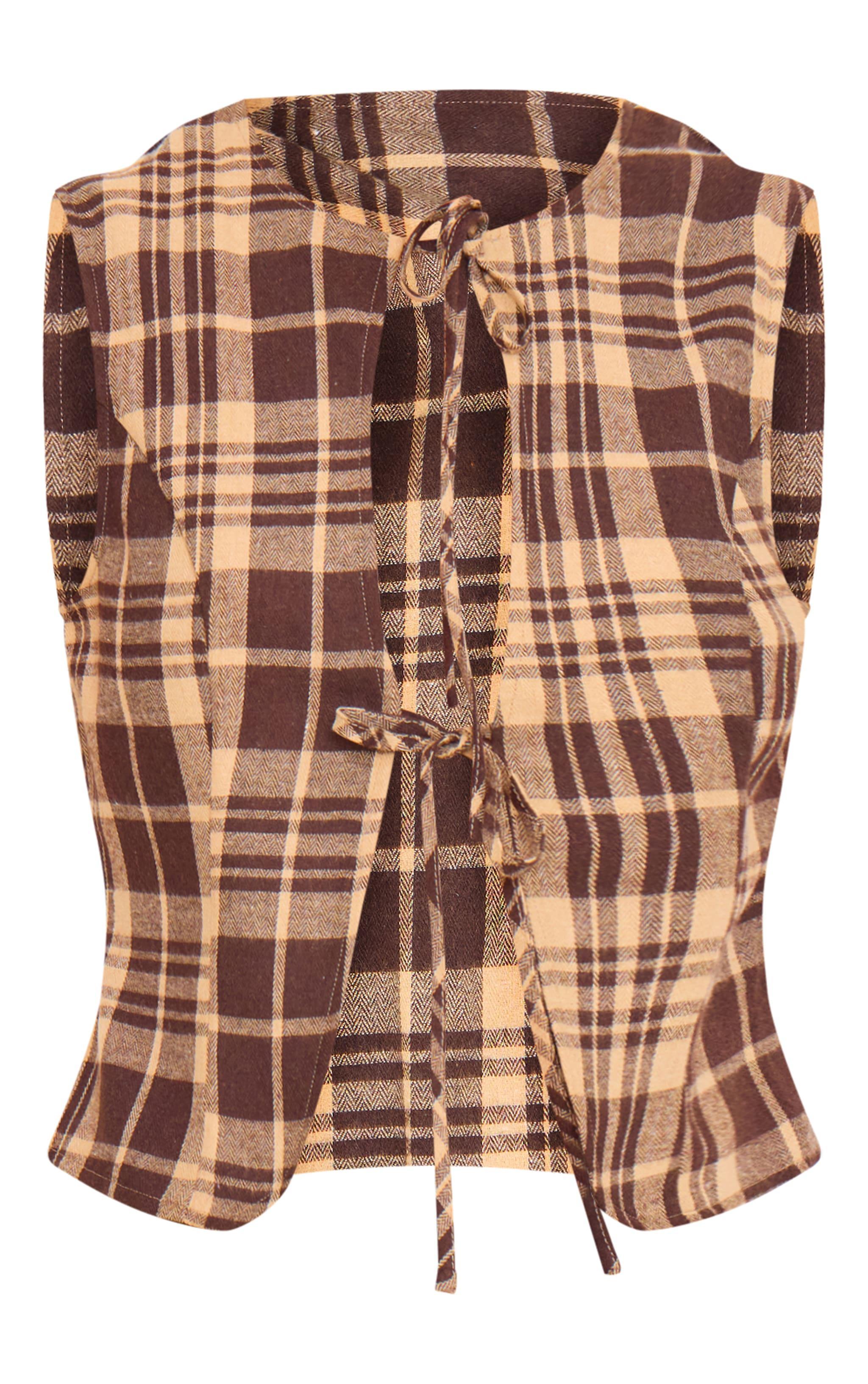 Brown Check Print Tie Front Vest Product Image