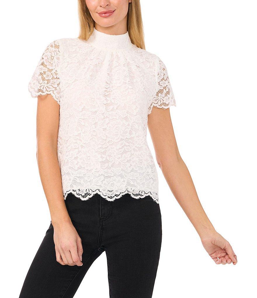 CeCe Woven Mock Neck Short Sleeve Back Bow Detail Blouse Product Image