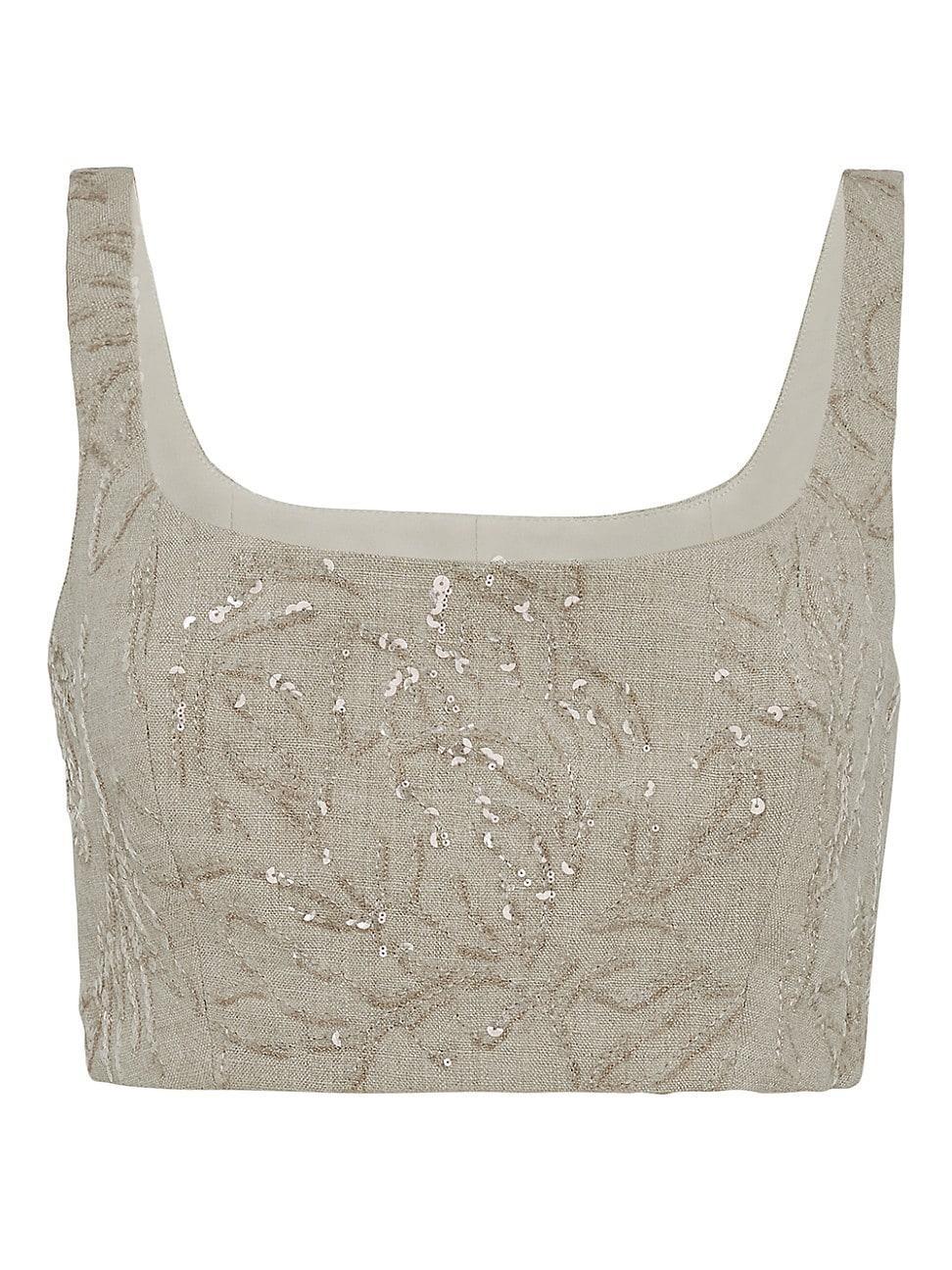 Womens Linen Canvas Cropped Top with Dazzling Flower Embroidery Product Image