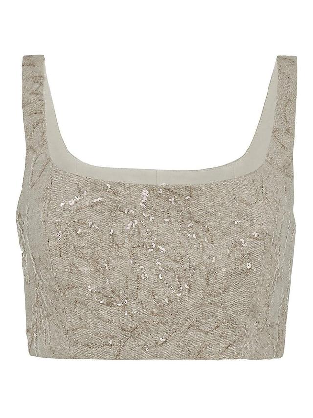 Womens Linen Canvas Cropped Top with Dazzling Flower Embroidery Product Image