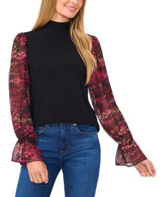 Women's Sheer Floral Long-Sleeve Mock Neck Top Product Image