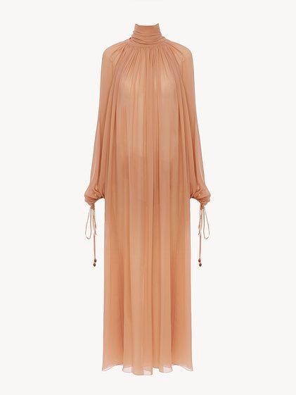 Mock-neck gathered long dress in silk georgette Product Image