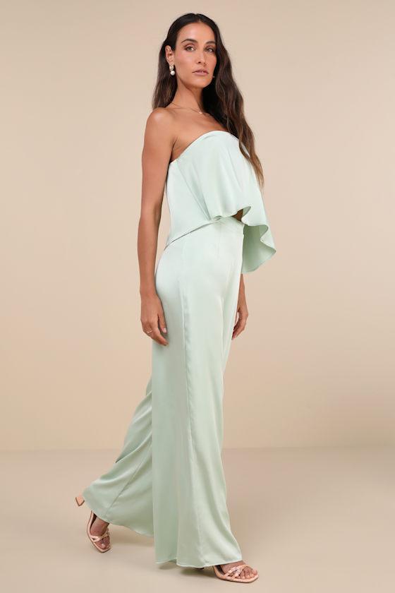 Sincerely Exceptional Sage Satin Strapless Two-Piece Jumpsuit Product Image