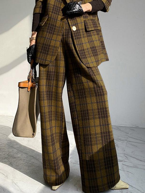 High Waisted Loose Plaid Split-Joint Pants Trousers Product Image