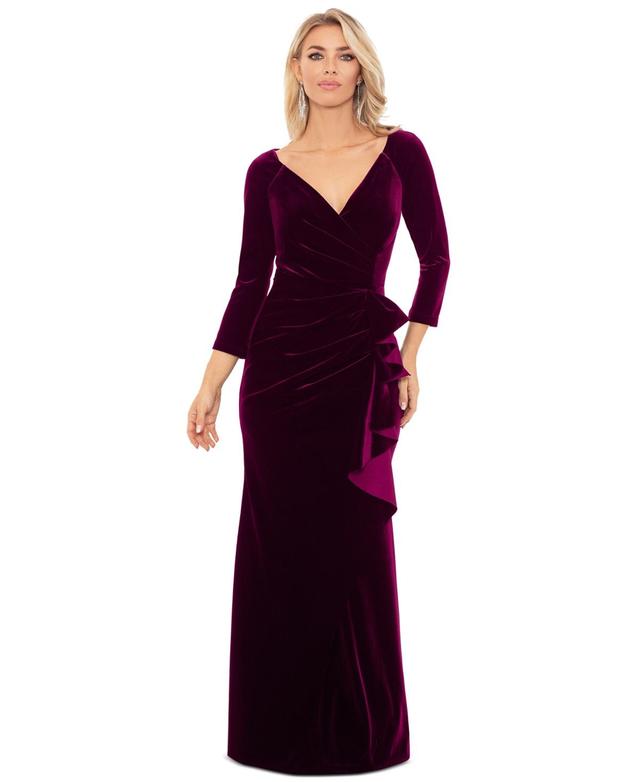 Xscape Womens V-Neck Ruffle-Front Long-Sleeve Gown Product Image