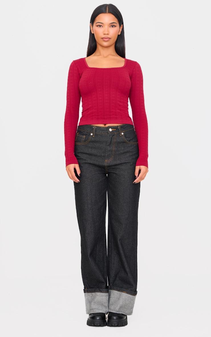 Burgundy Contour Pointelle Square Neck Long Sleeve Top Product Image