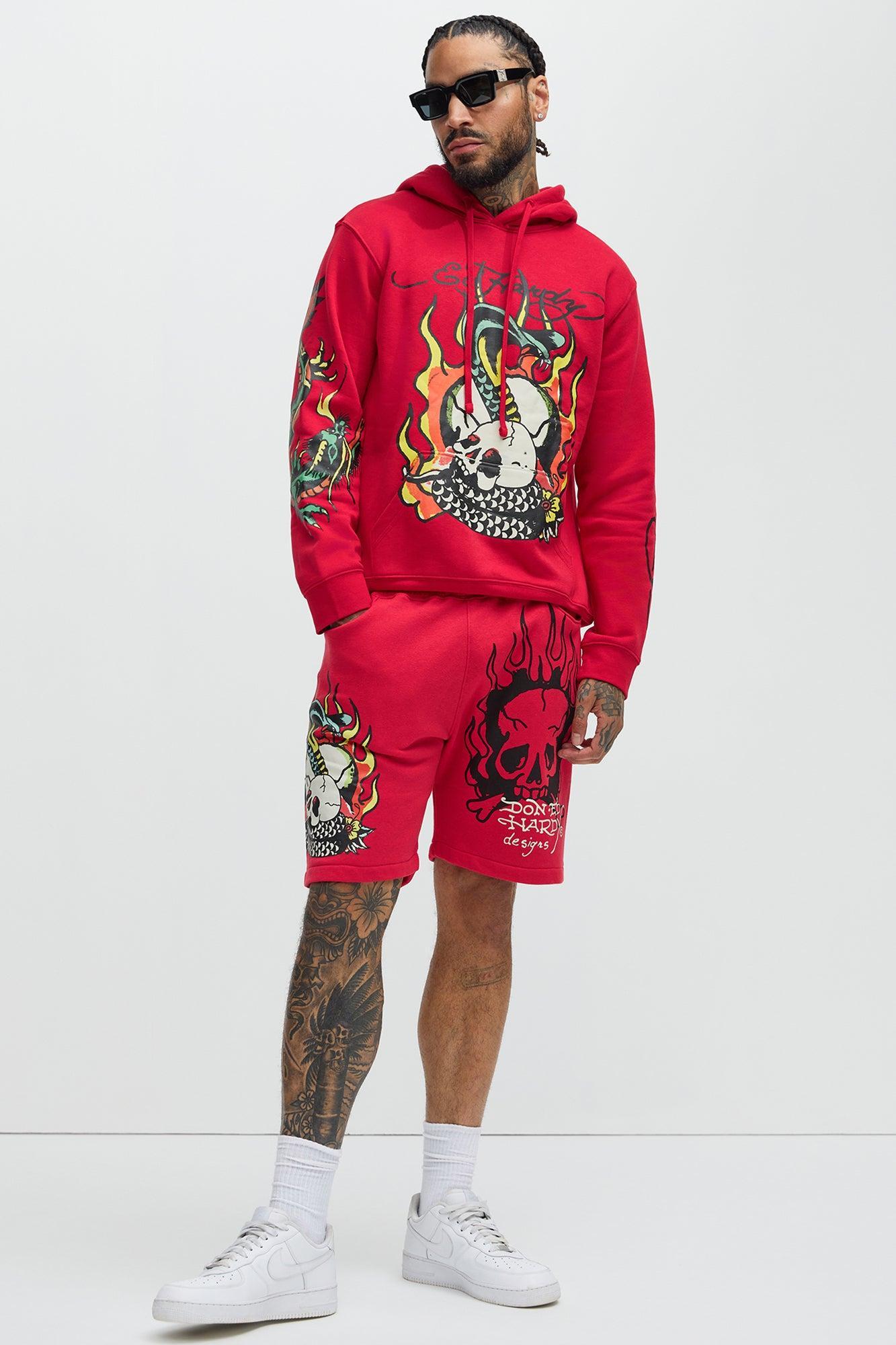 Ed Hardy Flame Cobra Sweat Shorts - Red Product Image