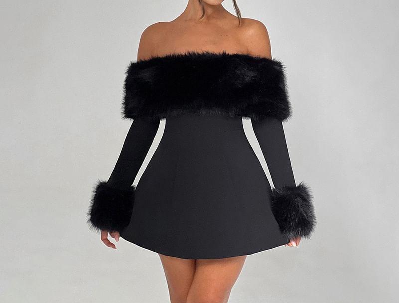 Long-Sleeve Off-Shoulder Plain Fluffy Panel Mini A-Line Dress Product Image