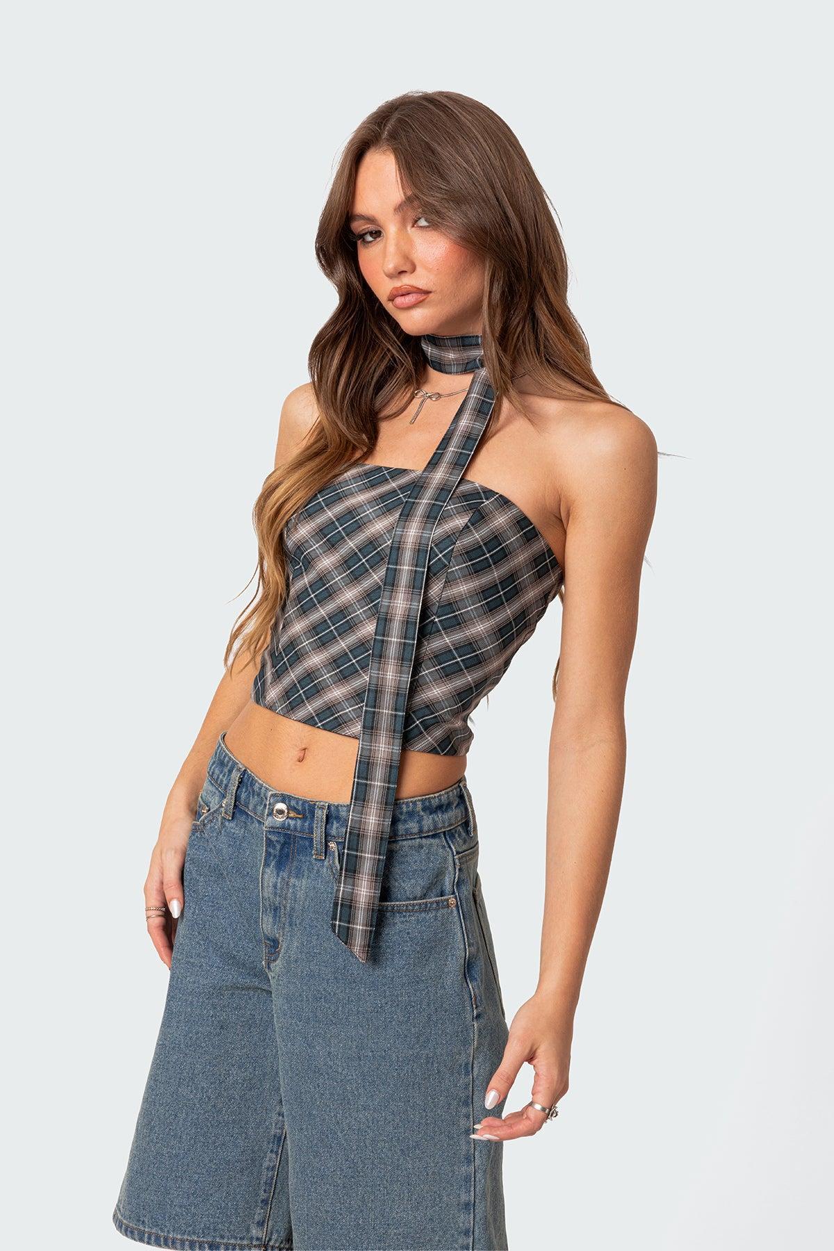 Plaid Two Piece Scarf Top Product Image