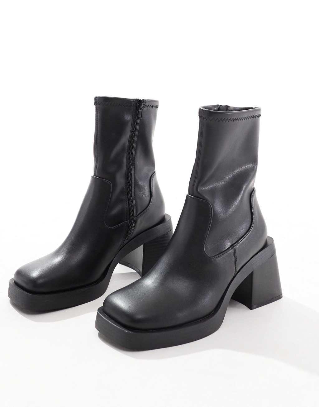 ASOS DESIGN Wide Fit Rome square toe mid-heel platform boots in black Product Image