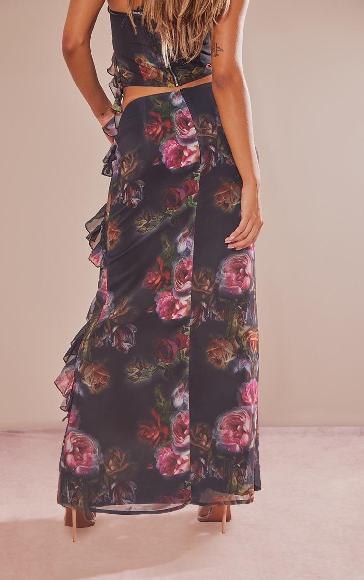 Black Rose Print Chiffon Ruffle Detail Maxi Skirt Product Image