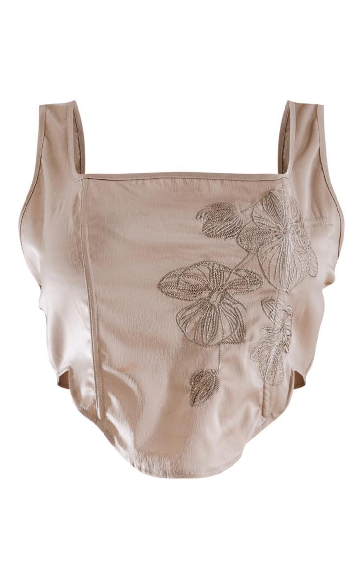 Plus Mocha Embroidered Floral Satin Top Product Image