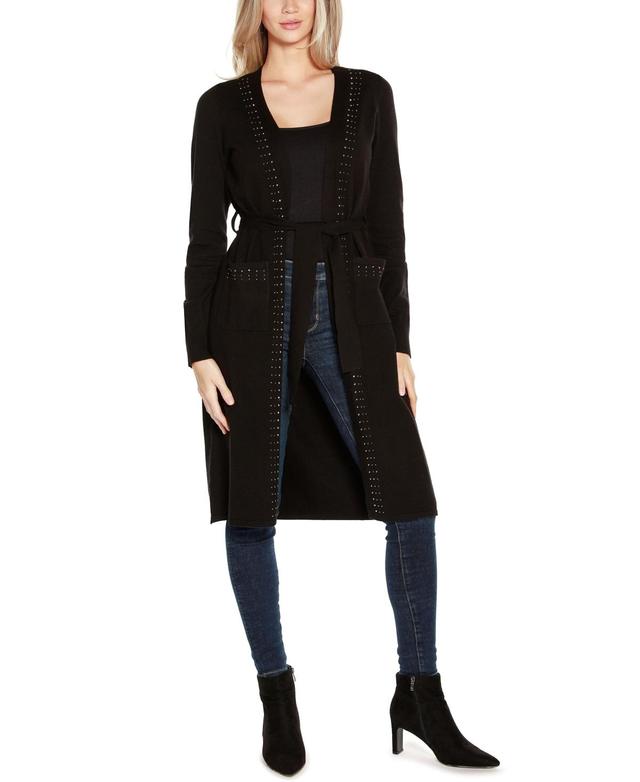 Belldini Black Label Womens Rhinestone-Trim Belted Duster Cardigan Zip Up sweater Product Image