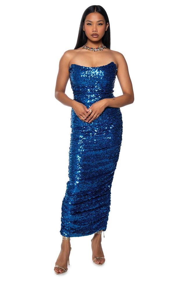 MAYA SEQUIN STRAPLESS MIDI DRESS IN BLUE Product Image