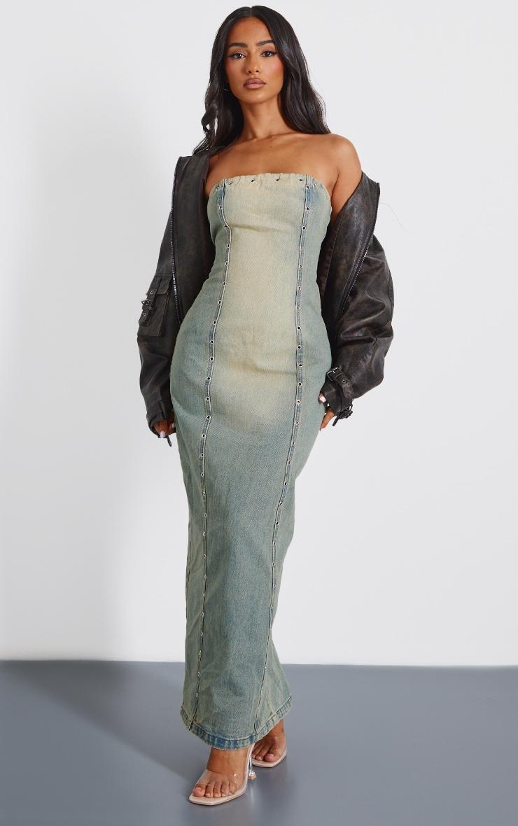 Petite Vintage Wash Eyelet Detail Denim Maxi Dress Product Image