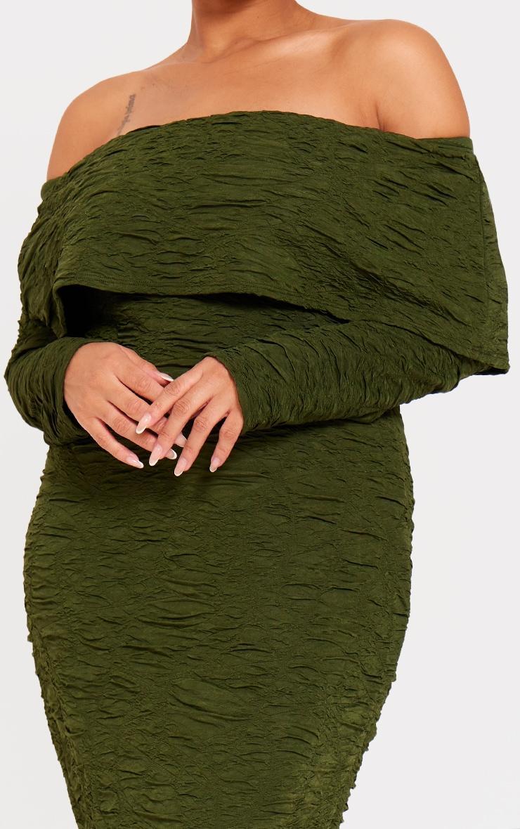 Plus Khaki Textured Fold Over Bardot Midi Dress Product Image