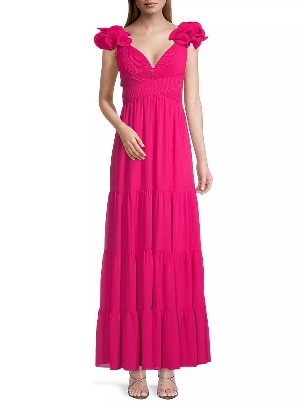 Ruffled-Shoulder Pleated Tiered Gown Product Image