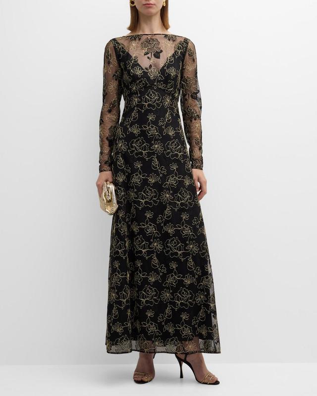 Embroidered Lace Long-Sleeve Illusion Maxi Dress Product Image