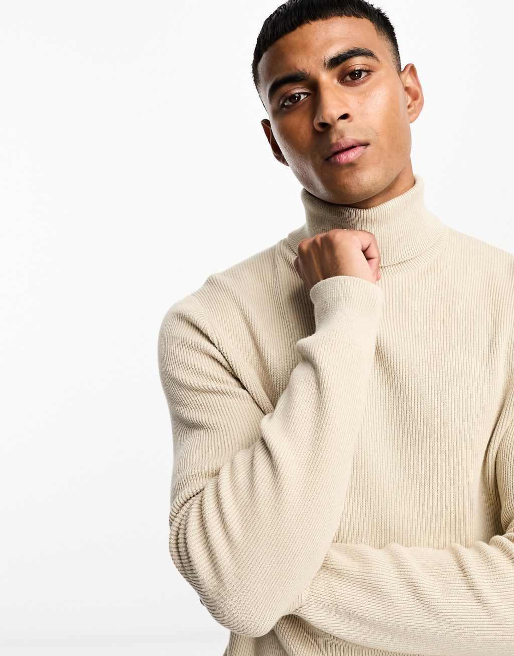 Only & Sons roll neck ribbed sweater in beige Product Image