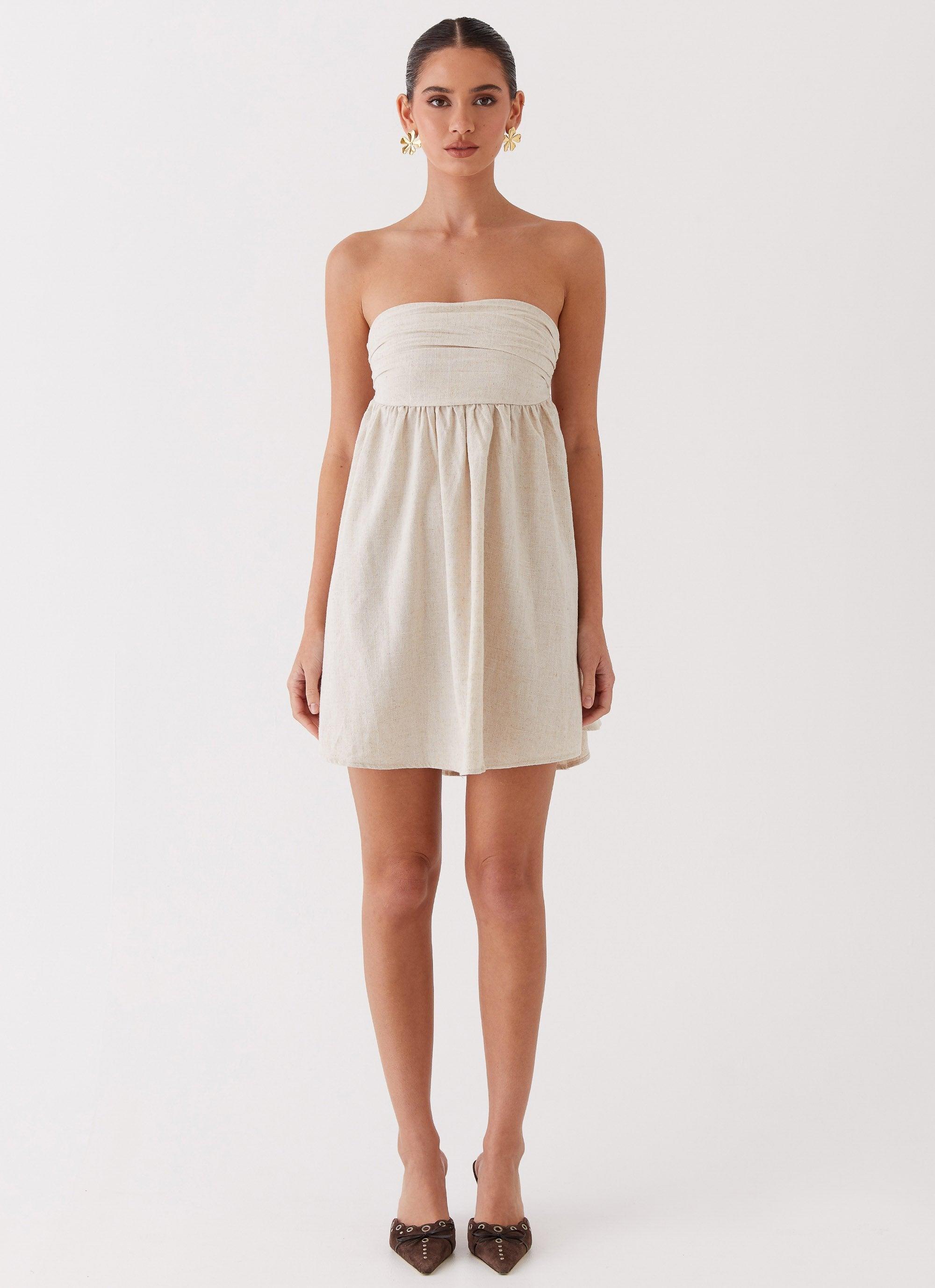 Night Changes Linen Mini Dress - Oatmeal Product Image