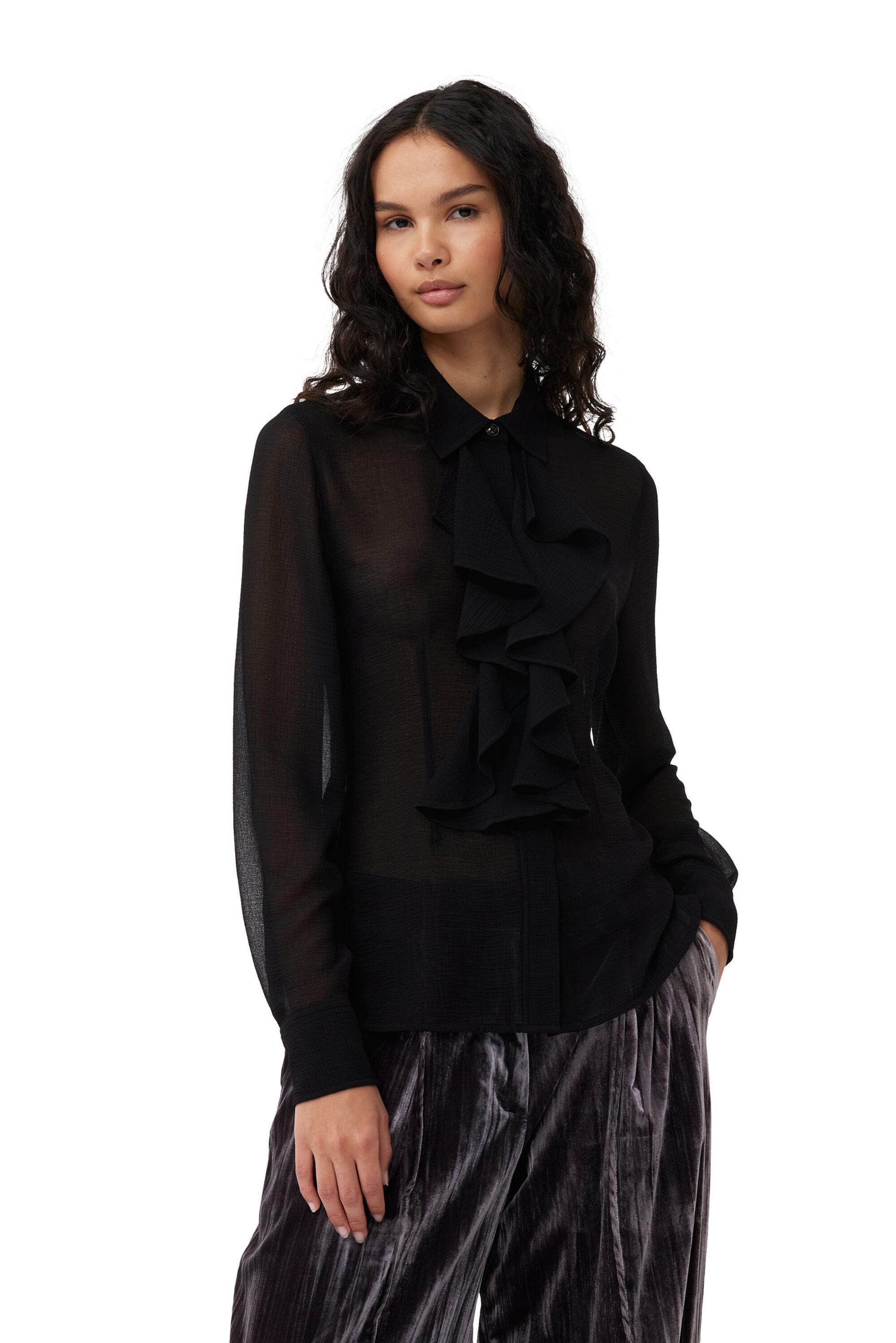 Black Chiffon Ruffle Shirt Product Image